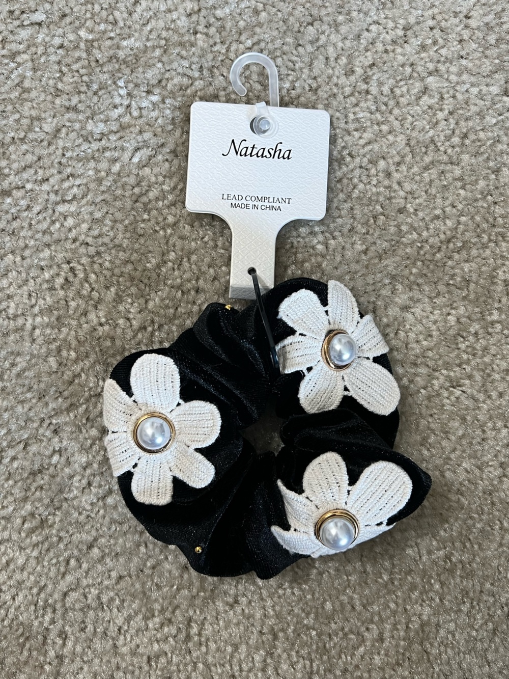 Natasha couture Black Velvet Floral Pearl Scrunchie